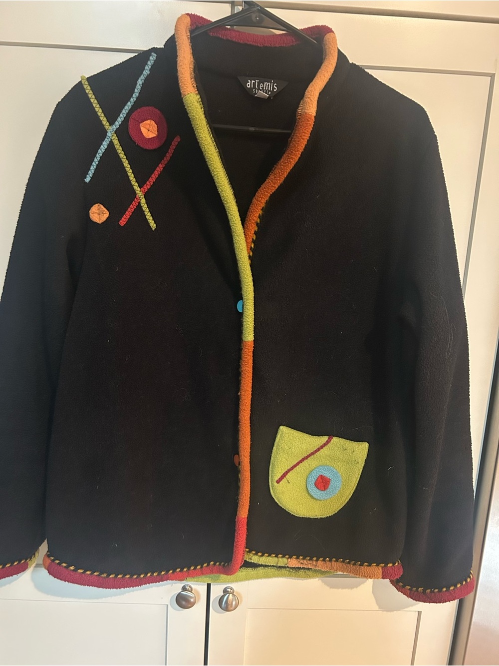 Artemis vintage Black Fleece Jacket with Colorful Trim size med